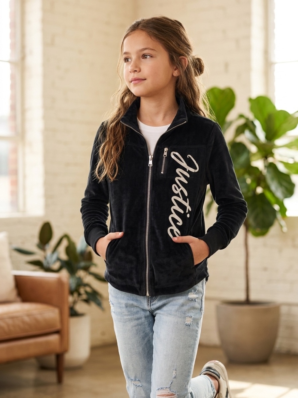 Justice Black Velour Zip-Up Jacket with White Script